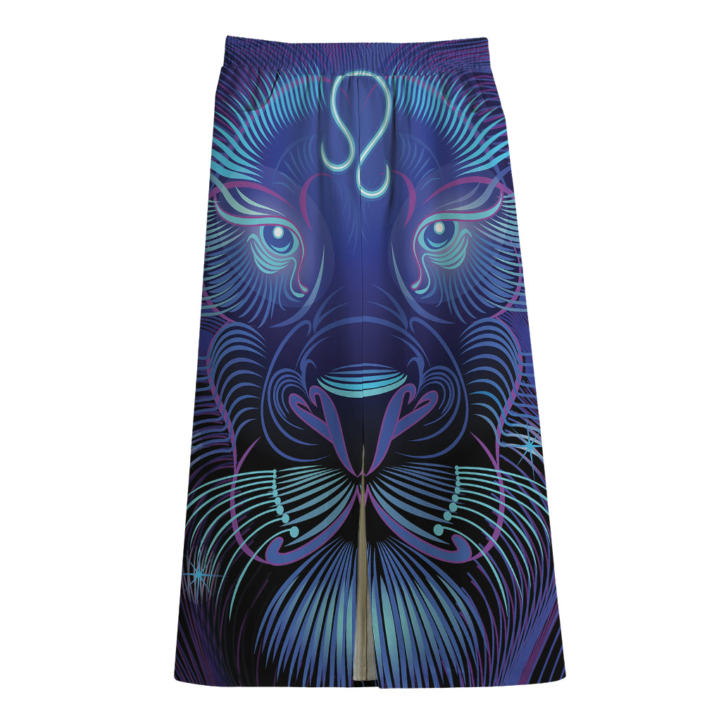 Dark Leo Zodiac Sign Print Cotton Front Slit Maxi Skirt