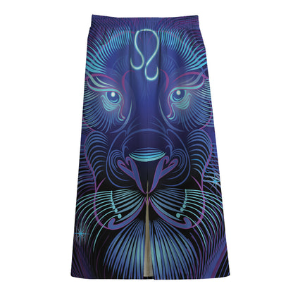 Dark Leo Zodiac Sign Print Cotton Front Slit Maxi Skirt