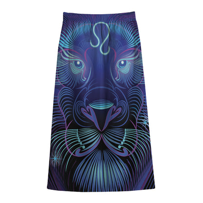 Dark Leo Zodiac Sign Print Cotton Front Slit Maxi Skirt