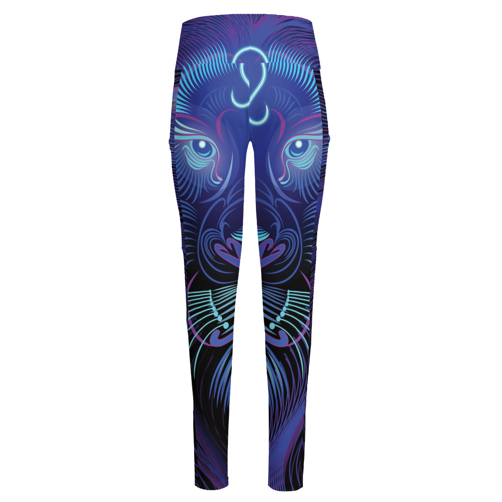 Dark Leo Zodiac Sign Print High-Waisted Pocket Leggings