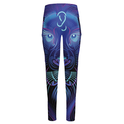 Dark Leo Zodiac Sign Print High-Waisted Pocket Leggings