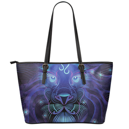 Dark Leo Zodiac Sign Print Leather Tote Bag
