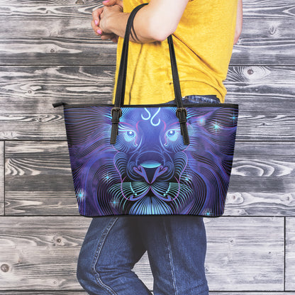 Dark Leo Zodiac Sign Print Leather Tote Bag