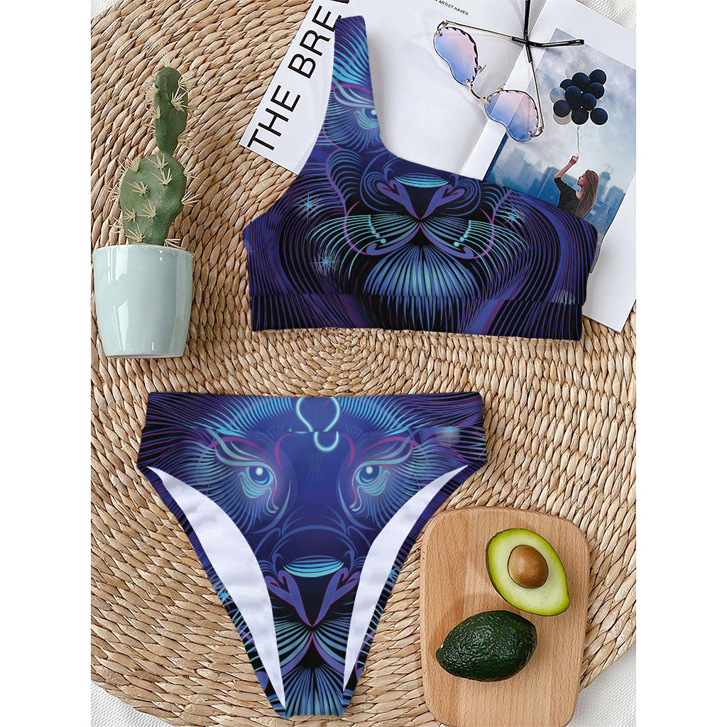 Dark Leo Zodiac Sign Print One Shoulder Bikini Top