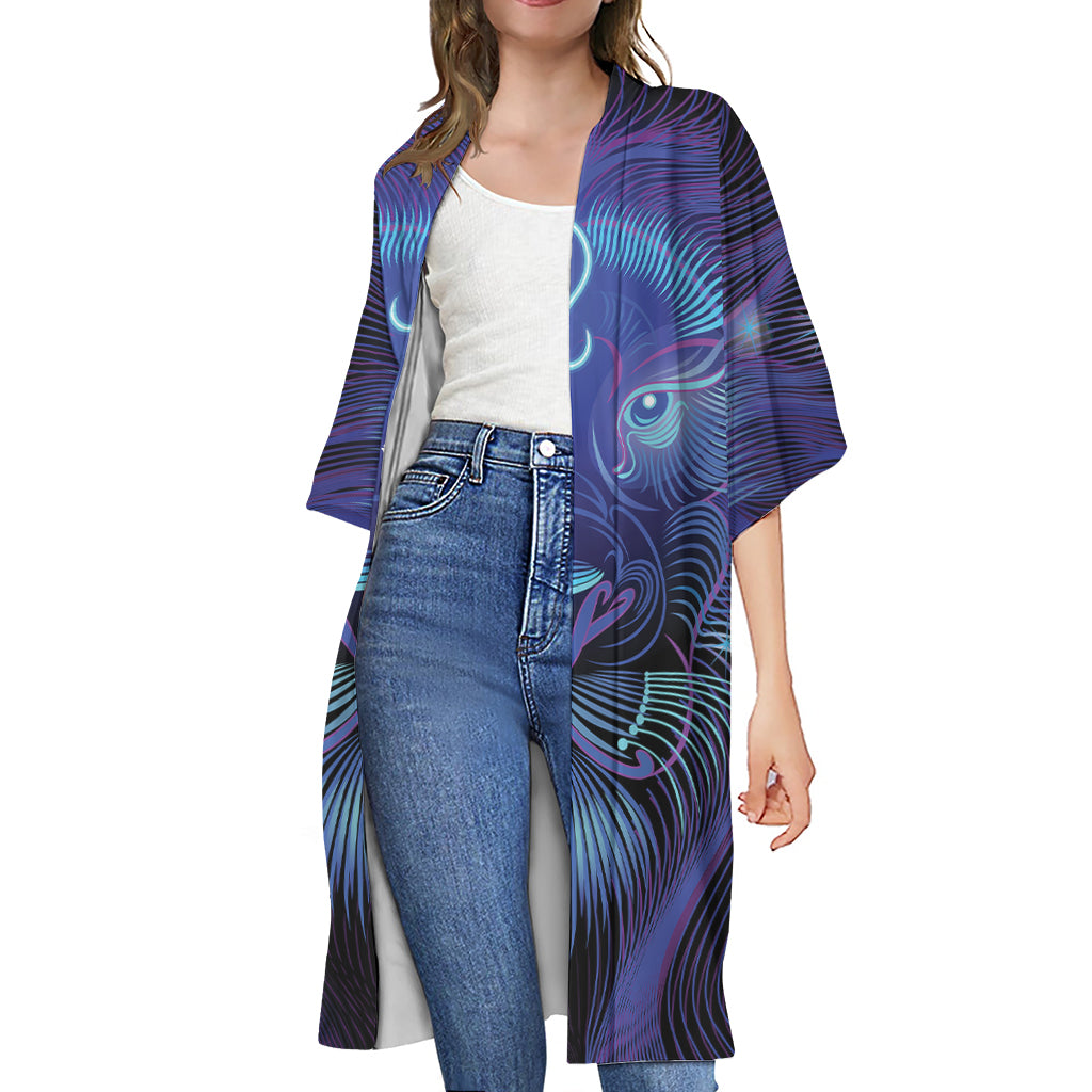 Dark Leo Zodiac Sign Print Open Front Beach Cover Up