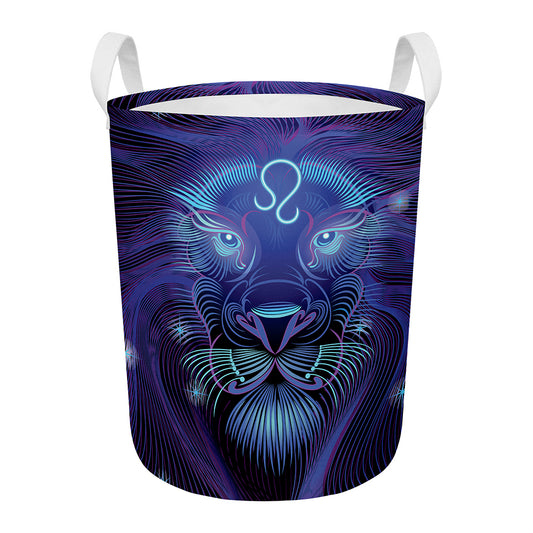 Dark Leo Zodiac Sign Print Round Laundry Basket