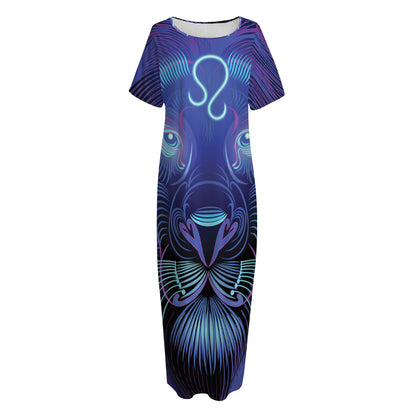 Dark Leo Zodiac Sign Print Short Sleeve Long Nightdress