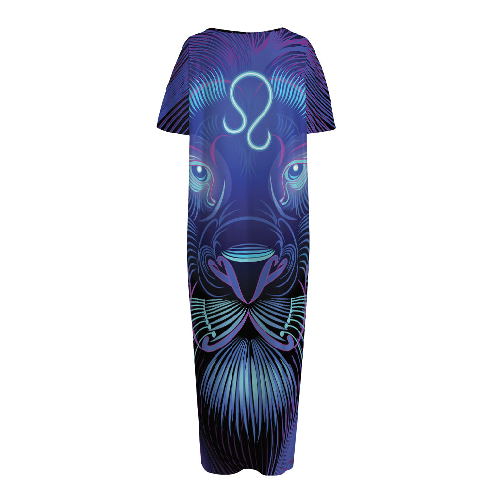 Dark Leo Zodiac Sign Print Short Sleeve Long Nightdress