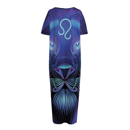 Dark Leo Zodiac Sign Print Short Sleeve Long Nightdress