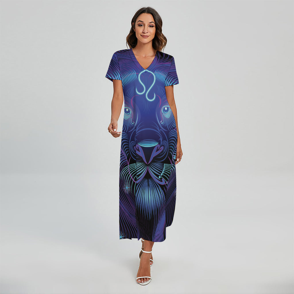 Dark Leo Zodiac Sign Print Short Sleeve Maxi Dress