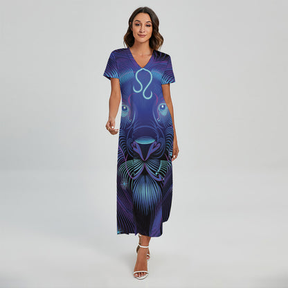 Dark Leo Zodiac Sign Print Short Sleeve Maxi Dress