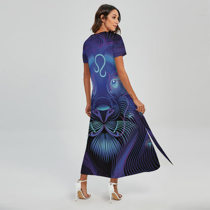 Dark Leo Zodiac Sign Print Short Sleeve Maxi Dress