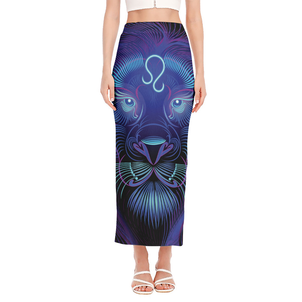 Dark Leo Zodiac Sign Print Side Slit Maxi Skirt