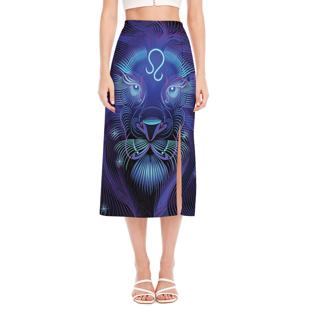 Dark Leo Zodiac Sign Print Side Slit Midi Skirt
