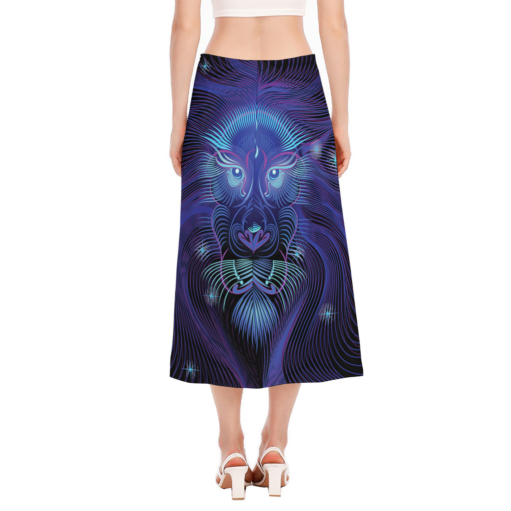 Dark Leo Zodiac Sign Print Side Slit Midi Skirt