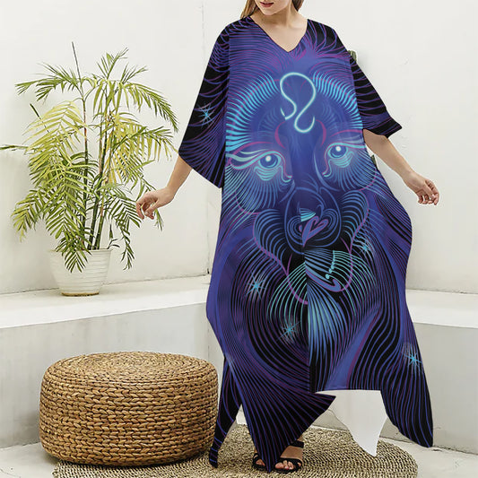 Dark Leo Zodiac Sign Print Silk V-Neck Kaftan Dress