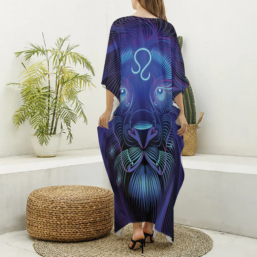 Dark Leo Zodiac Sign Print Silk V-Neck Kaftan Dress