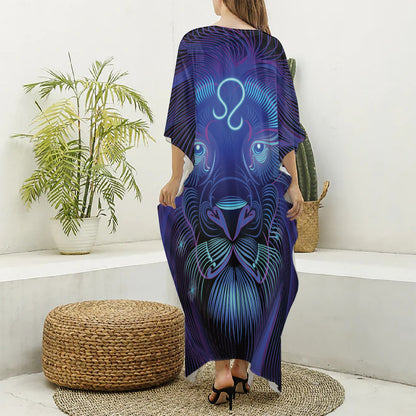 Dark Leo Zodiac Sign Print Silk V-Neck Kaftan Dress