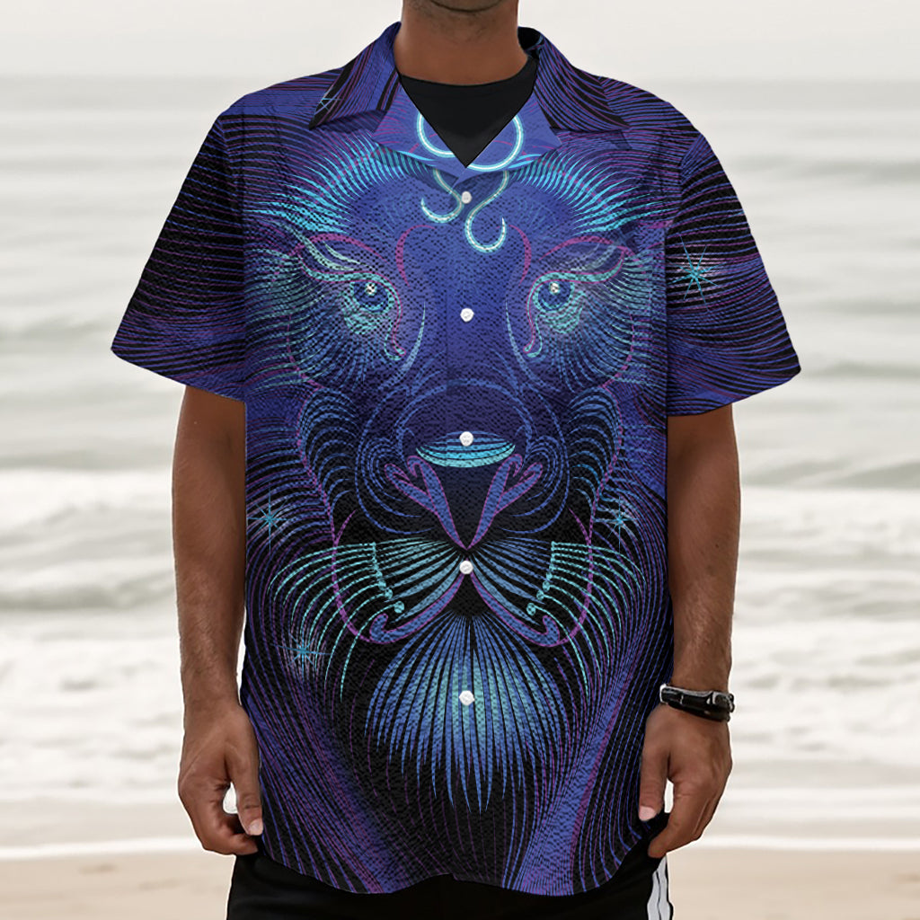Dark Leo Zodiac Sign Print Textured Short Sleeve Shirt