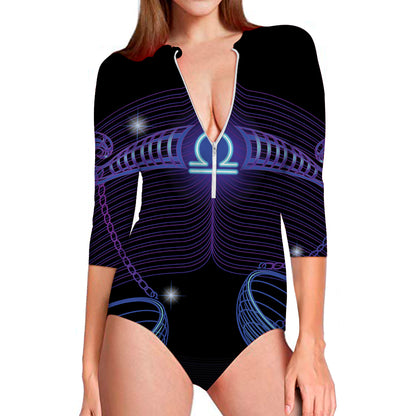 Dark Libra Zodiac Sign Print Long Sleeve Swimsuit