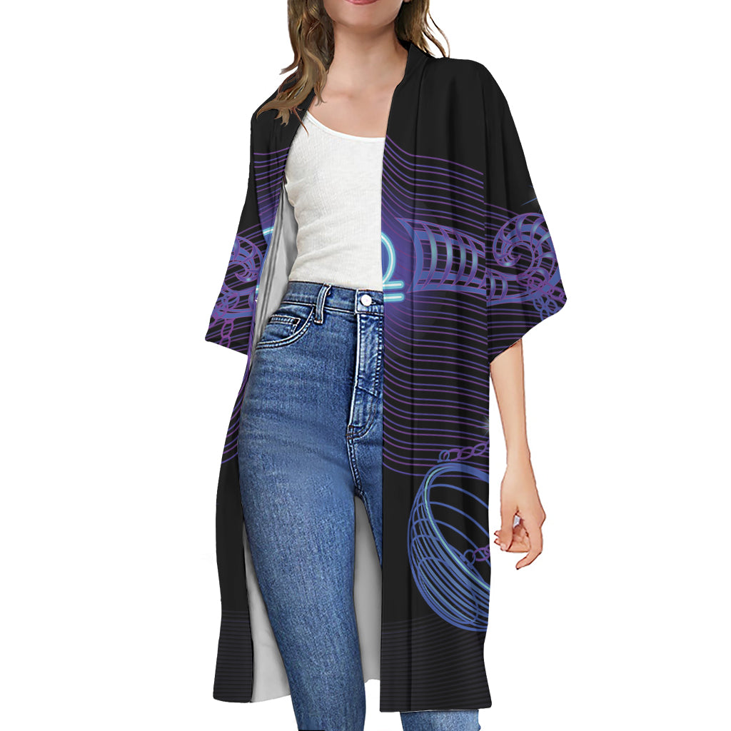 Dark Libra Zodiac Sign Print Open Front Beach Cover Up