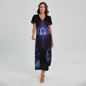 Dark Libra Zodiac Sign Print Short Sleeve Maxi Dress