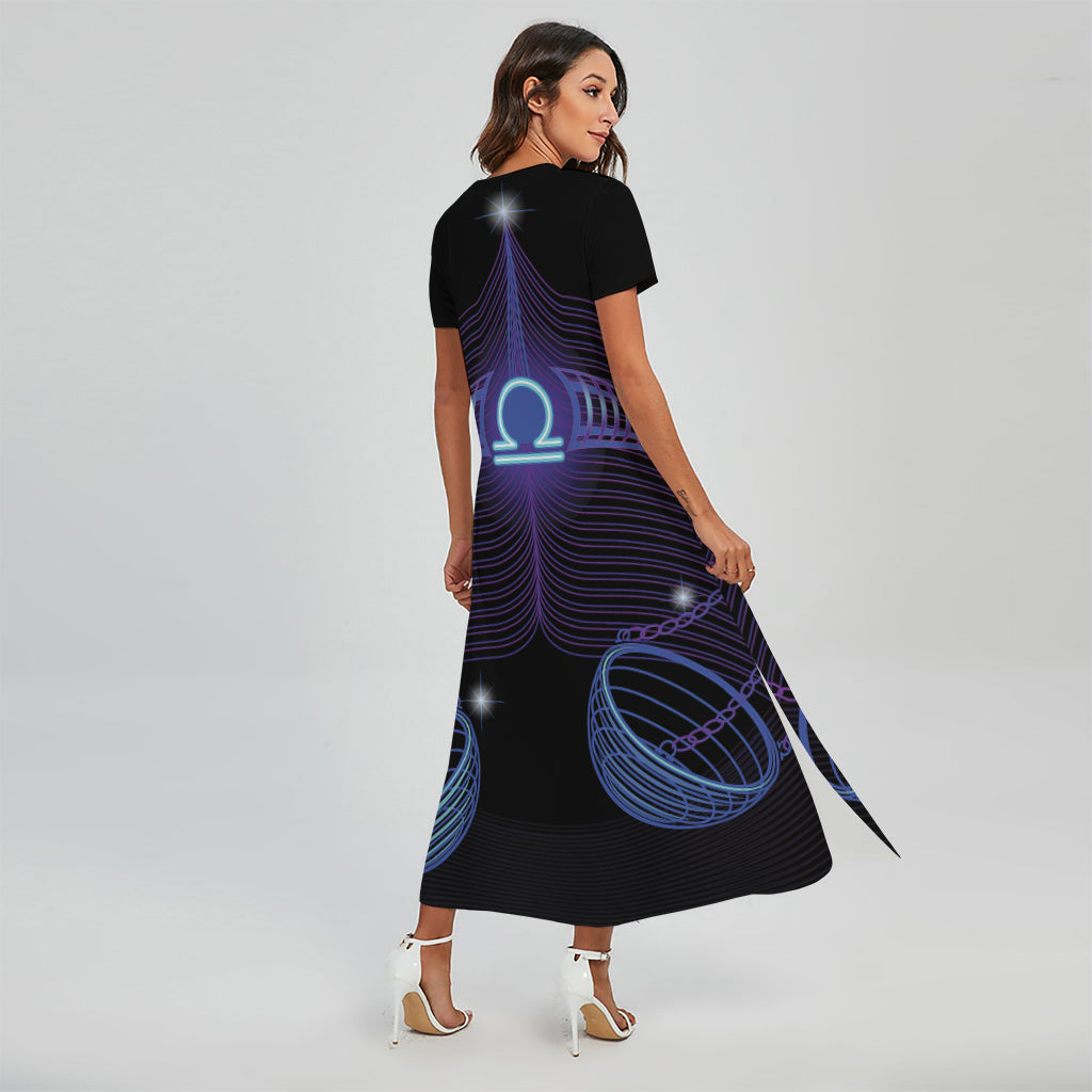 Dark Libra Zodiac Sign Print Short Sleeve Maxi Dress