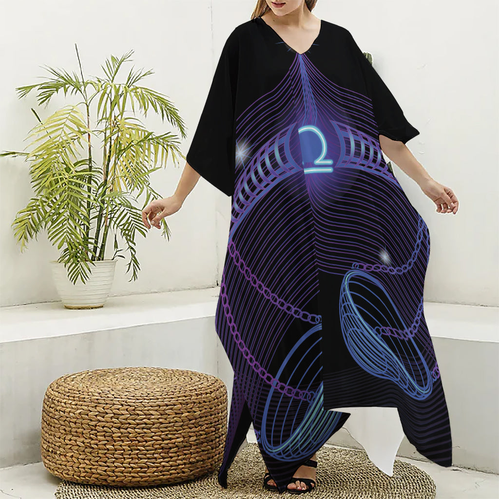 Dark Libra Zodiac Sign Print Silk V-Neck Kaftan Dress