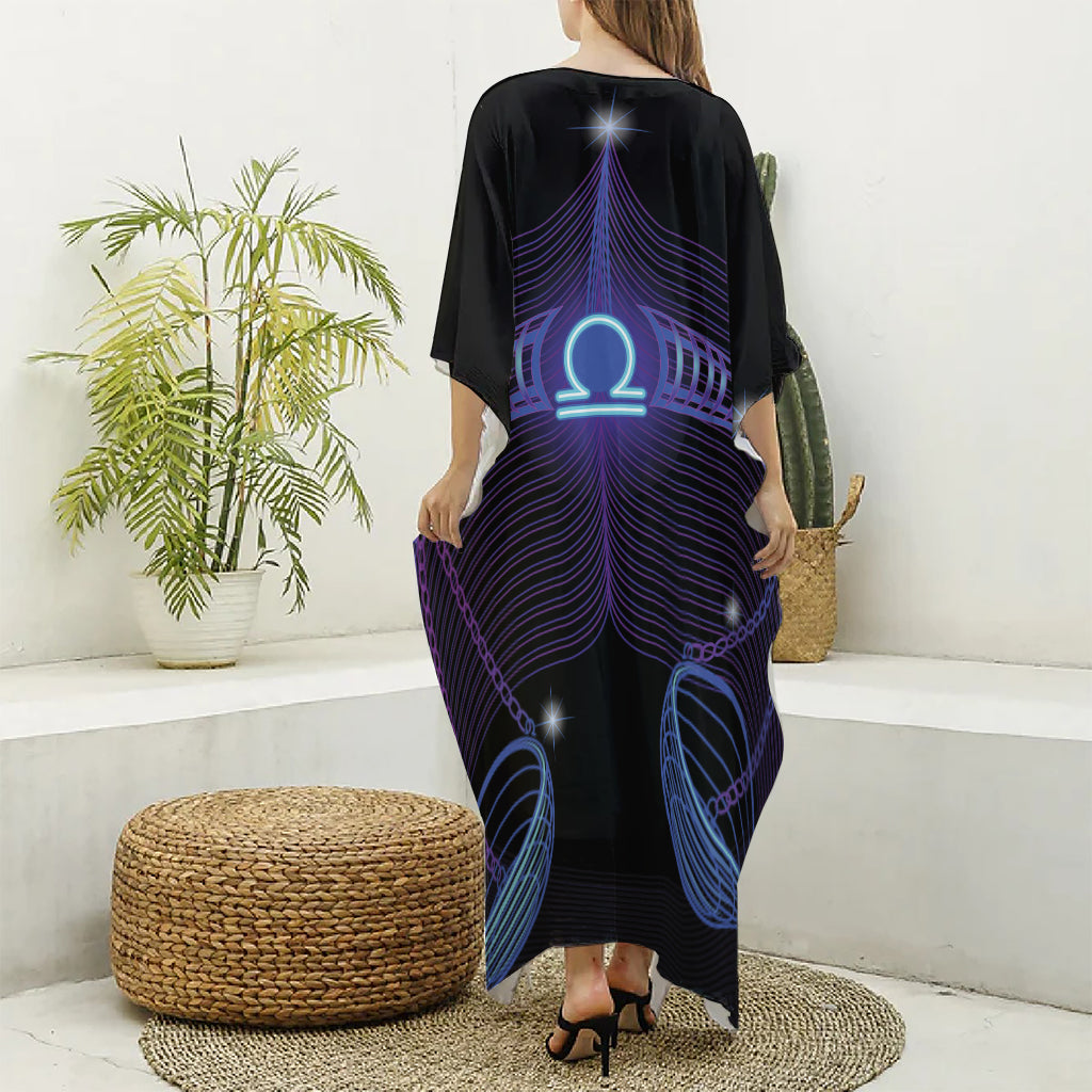 Dark Libra Zodiac Sign Print Silk V-Neck Kaftan Dress