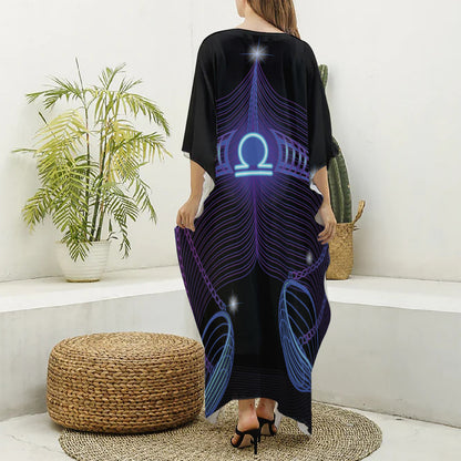 Dark Libra Zodiac Sign Print Silk V-Neck Kaftan Dress