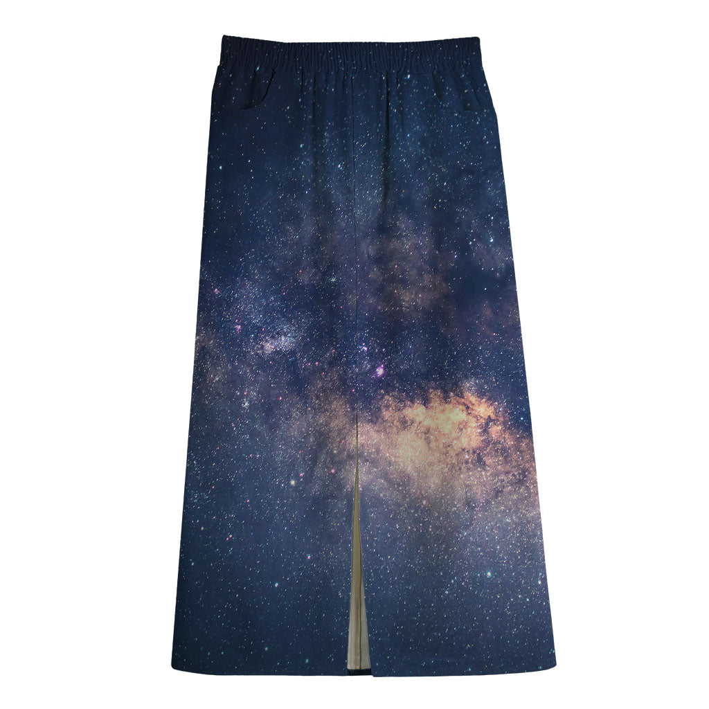 Dark Milky Way Galaxy Space Print Cotton Front Slit Maxi Skirt