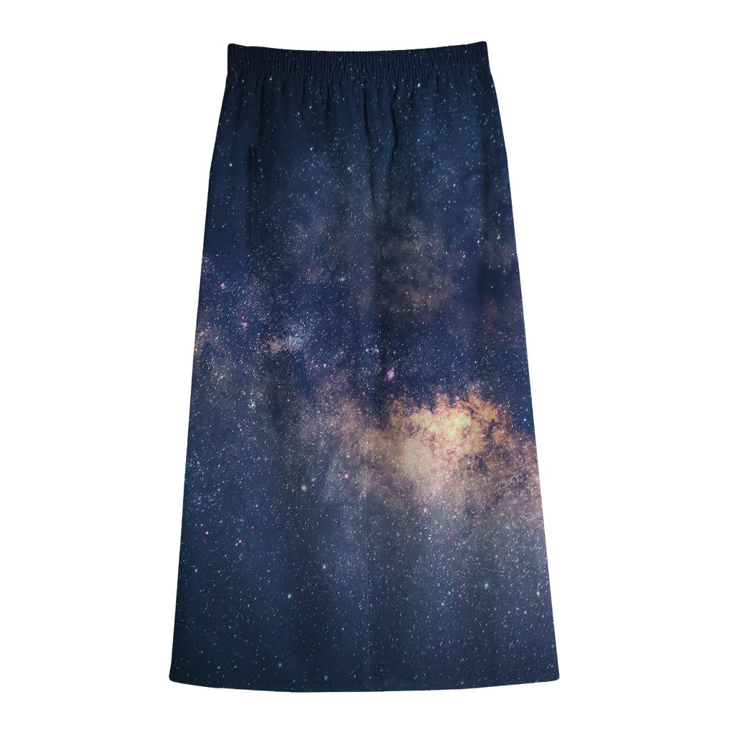 Dark Milky Way Galaxy Space Print Cotton Front Slit Maxi Skirt