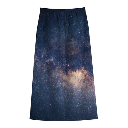 Dark Milky Way Galaxy Space Print Cotton Front Slit Maxi Skirt