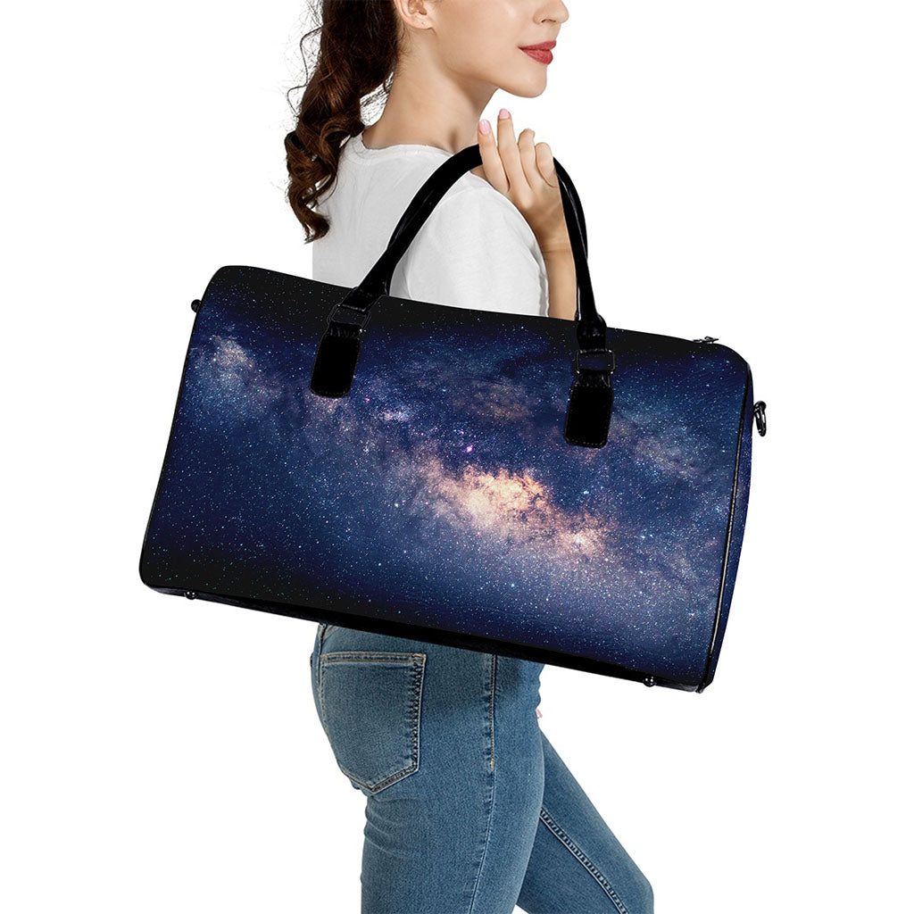 Dark Milky Way Galaxy Space Print Leather Duffle Bag