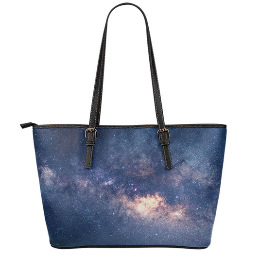 Dark Milky Way Galaxy Space Print Leather Tote Bag
