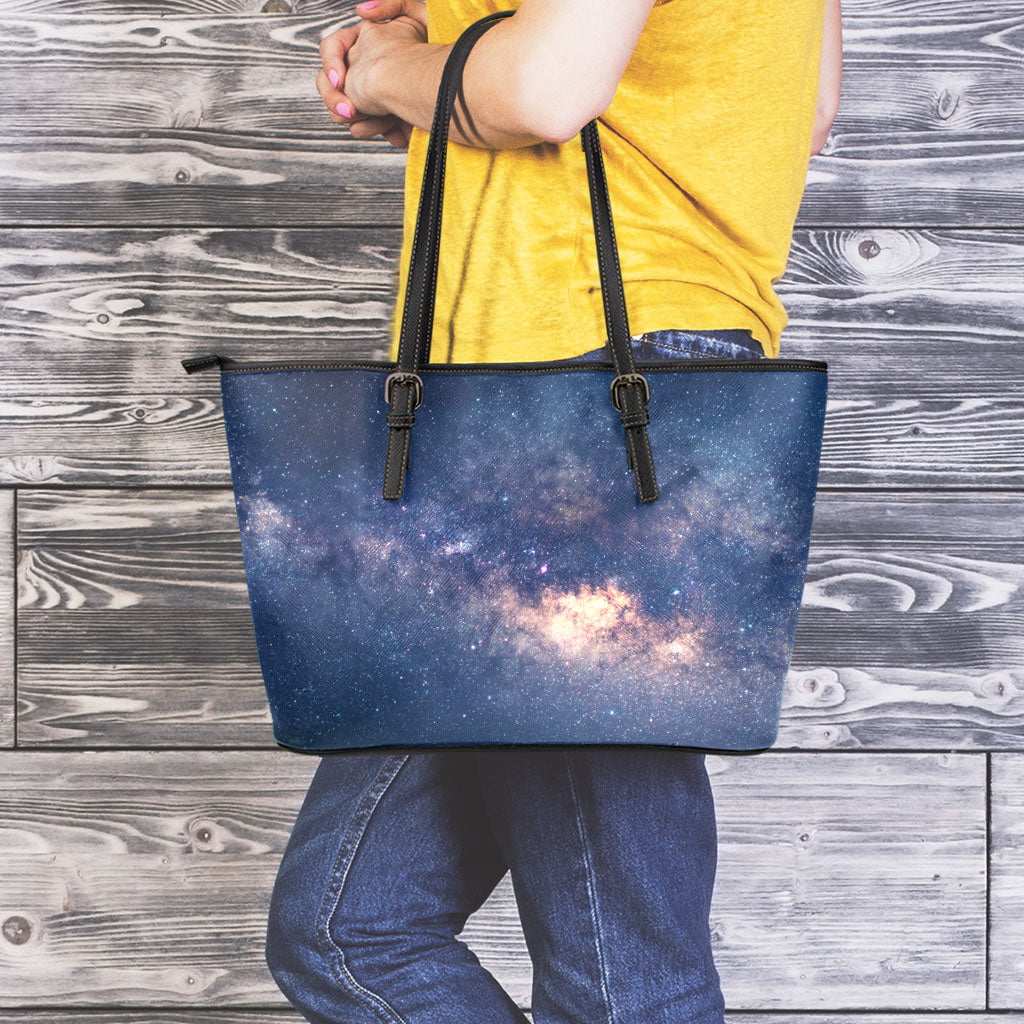 Dark Milky Way Galaxy Space Print Leather Tote Bag