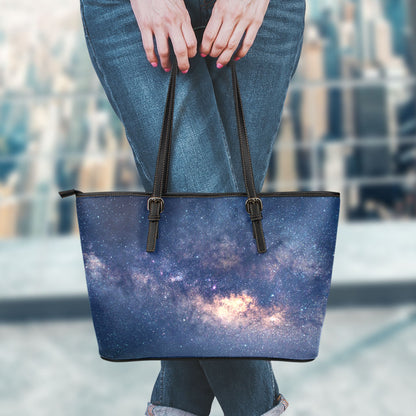 Dark Milky Way Galaxy Space Print Leather Tote Bag