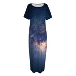 Dark Milky Way Galaxy Space Print Short Sleeve Long Nightdress