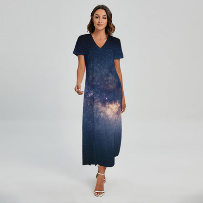 Dark Milky Way Galaxy Space Print Short Sleeve Maxi Dress