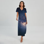 Dark Milky Way Galaxy Space Print Short Sleeve Maxi Dress