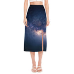 Dark Milky Way Galaxy Space Print Side Slit Midi Skirt