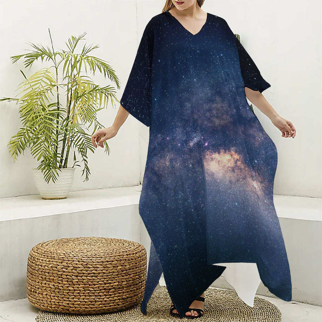 Dark Milky Way Galaxy Space Print Silk V-Neck Kaftan Dress