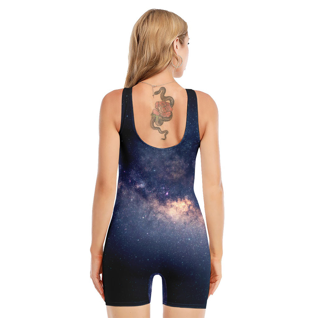 Dark Milky Way Galaxy Space Print Sleeveless One Piece Swimsuit