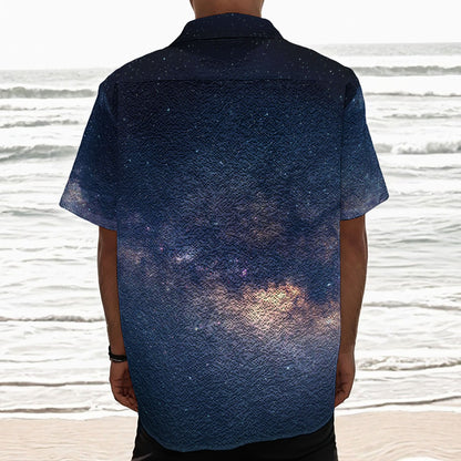 Dark Milky Way Galaxy Space Print Textured Short Sleeve Shirt