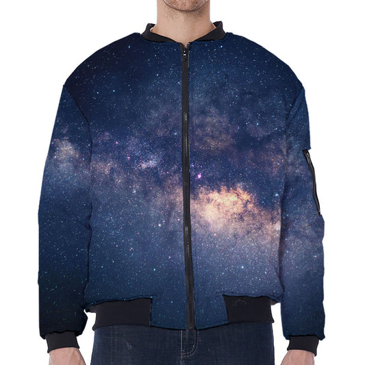 Dark Milky Way Galaxy Space Print Zip Sleeve Bomber Jacket