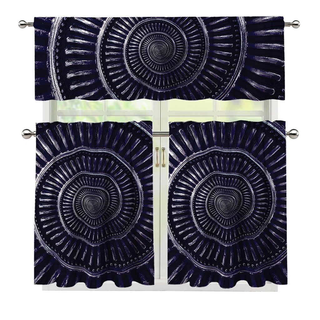 Dark Navy Metal Spiral Print 3 Piece Kitchen Curtains