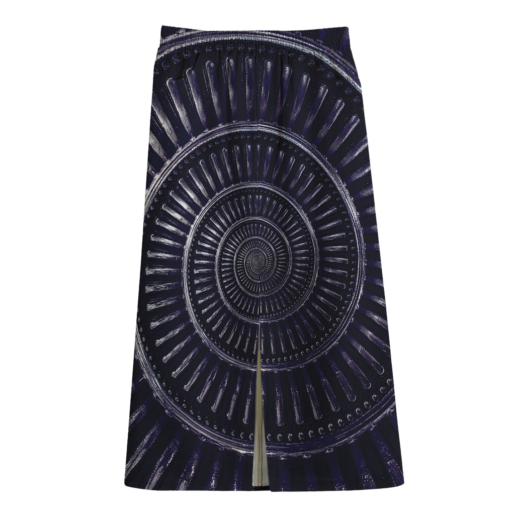 Dark Navy Metal Spiral Print Cotton Front Slit Maxi Skirt