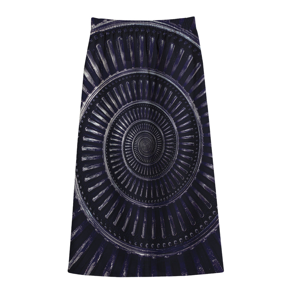 Dark Navy Metal Spiral Print Cotton Front Slit Maxi Skirt