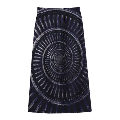 Dark Navy Metal Spiral Print Cotton Front Slit Maxi Skirt