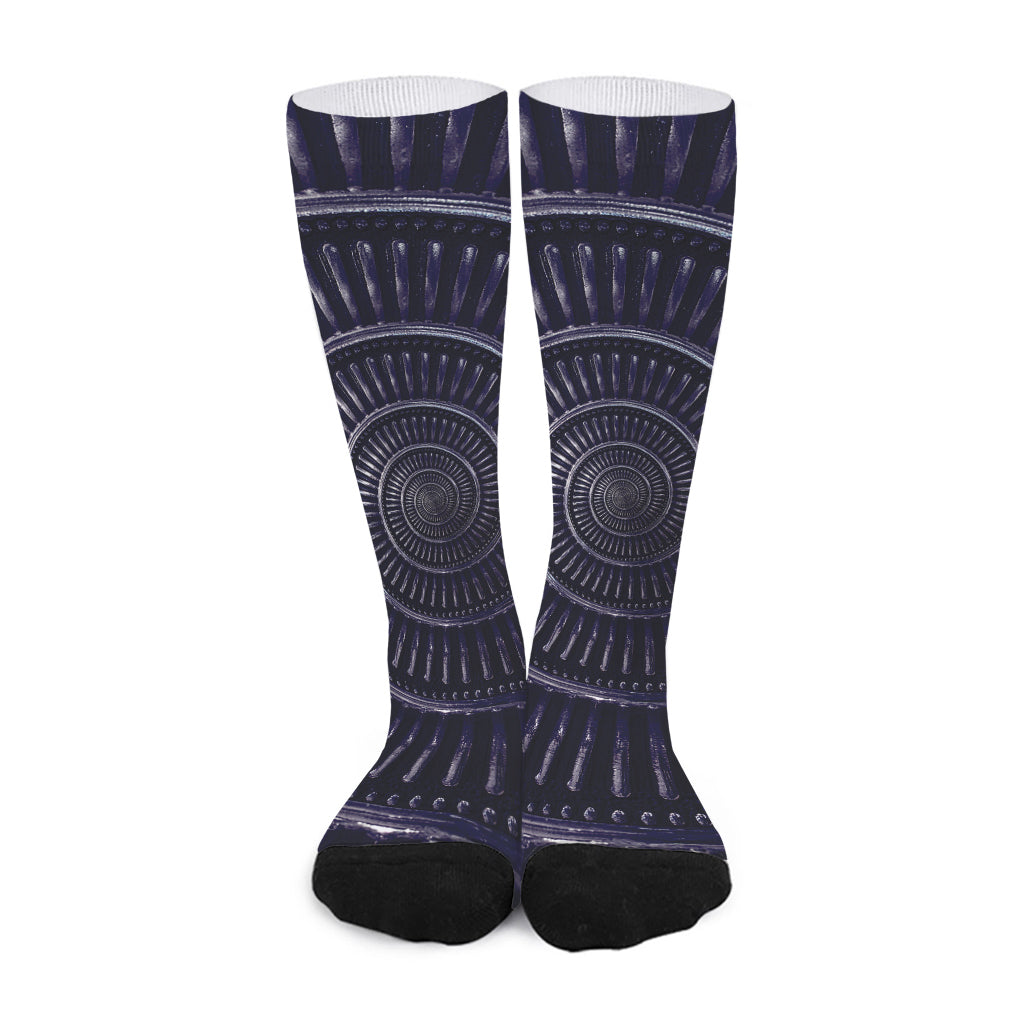 Dark Navy Metal Spiral Print Long Socks